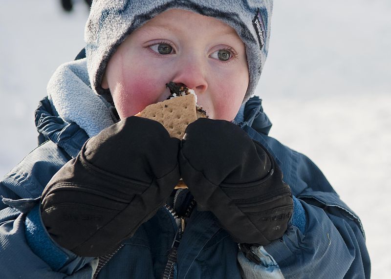 kid eating smores via denali national park and preserve