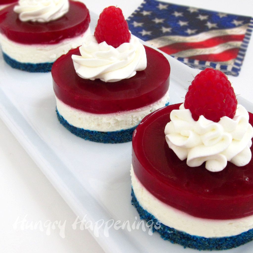 Patriotic Cheesecakes topped with Raspberry Gelée and Fresh Berries