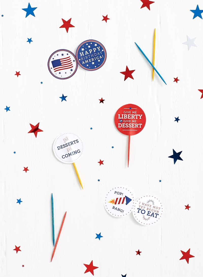 Download and print these free decorative Fourth of July food flags