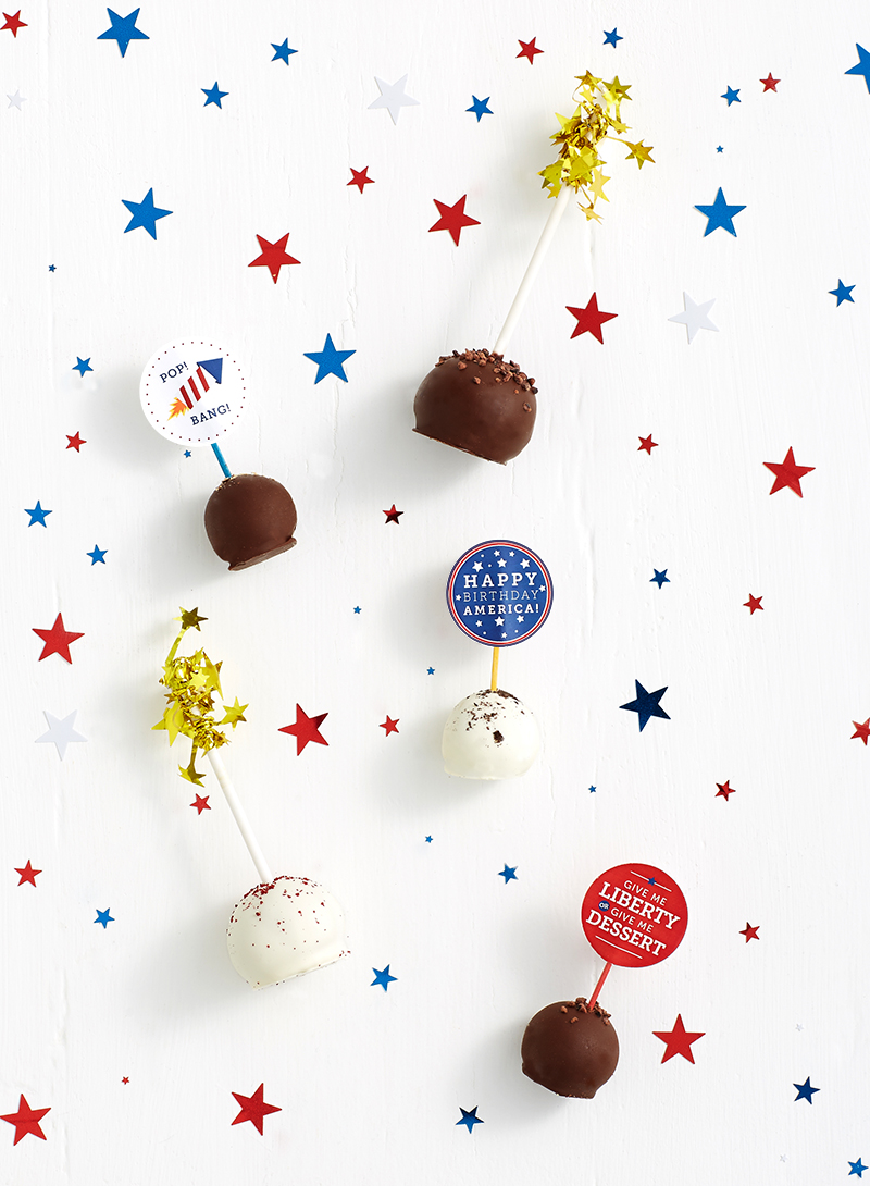 Shari's Berries Cake Pops decorated with 4th of July printable food flags