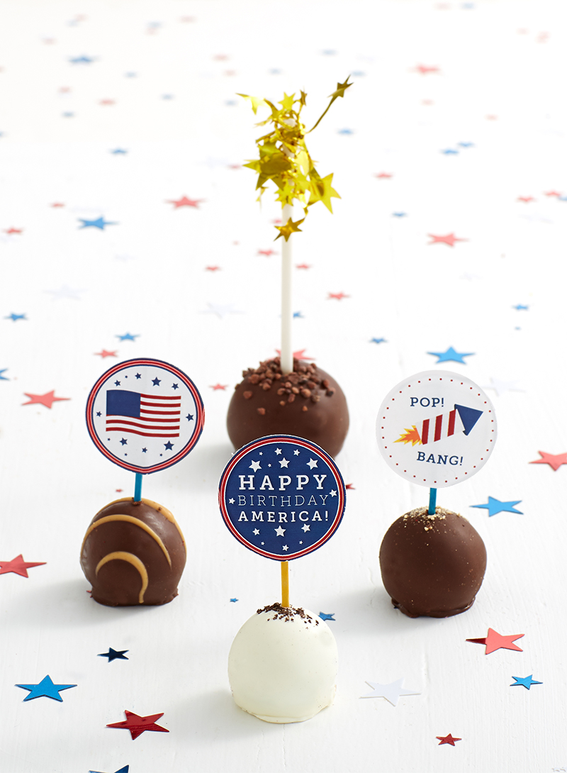 Shari's Berries Cake Truffles topped with Independence Day Printable Food Flags