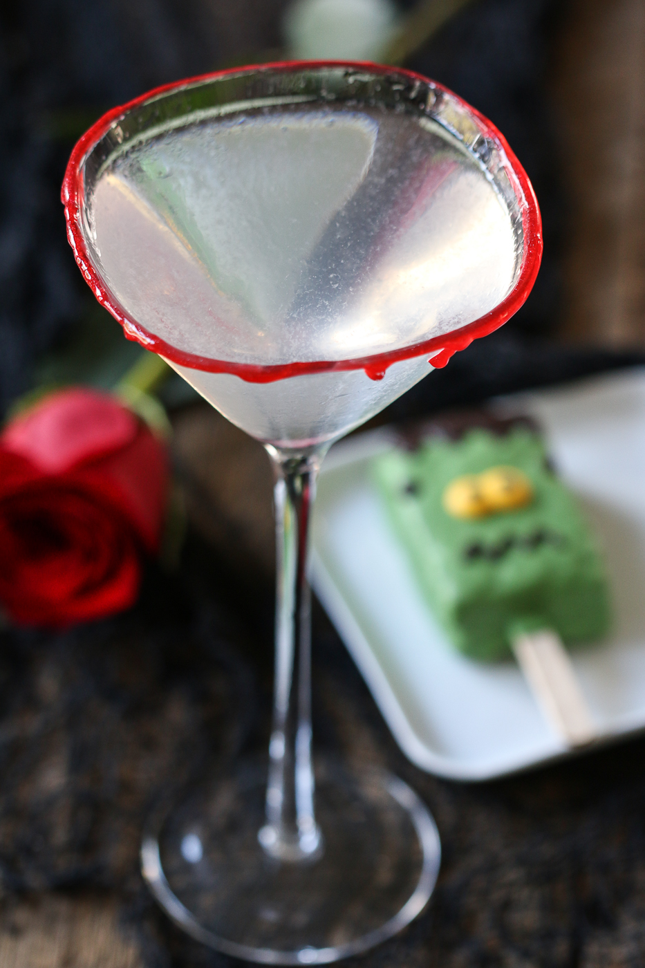 Halloween blood rimmed martini and Frankenstein brownie pops