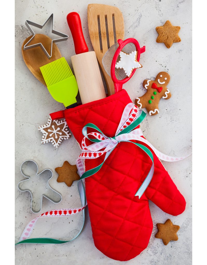 oven mitt stuffed with rolling pin, strainer, cookie cutter, sauce spreader, and wooden spoons