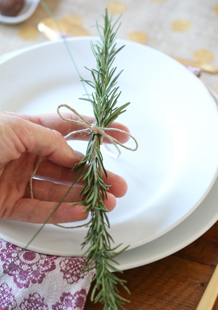 DIY rosemary wreath for Thanksgiving table.