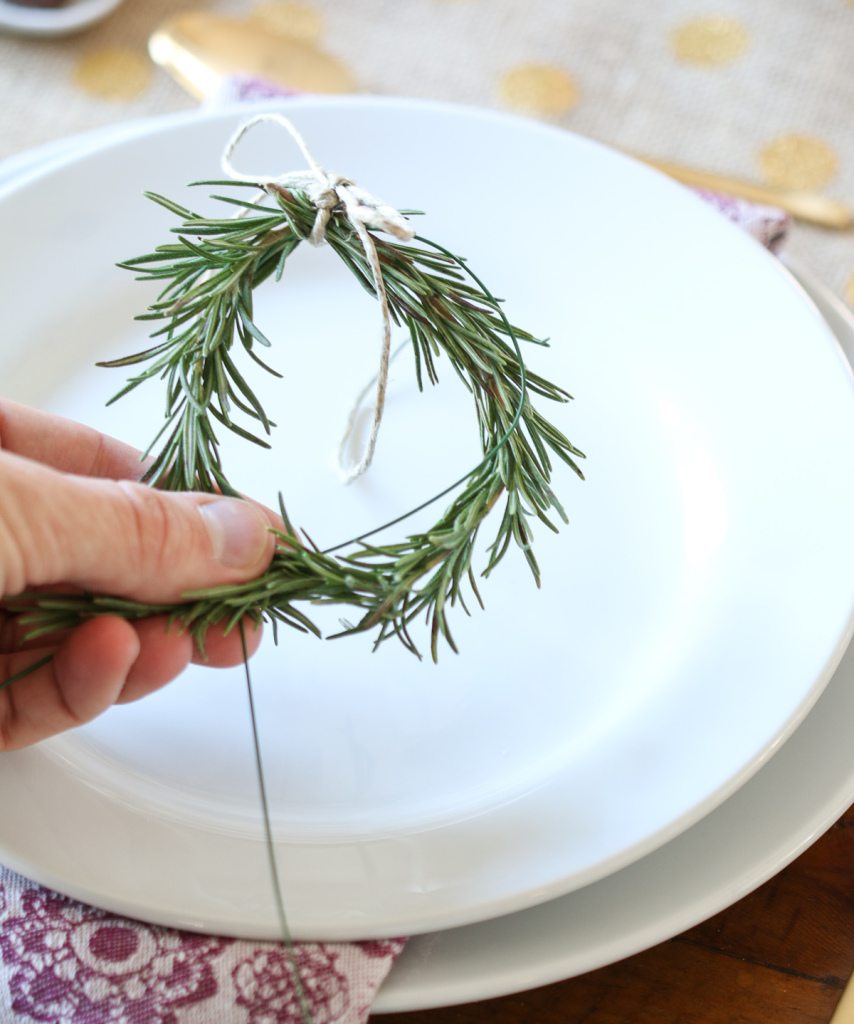 Rosemary wreath DIY for Thanksgiving table.