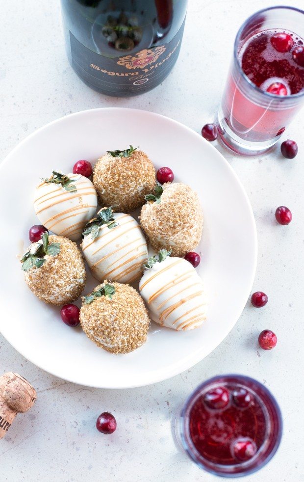 dipped strawberries and cranberry spice sparkler cocktail