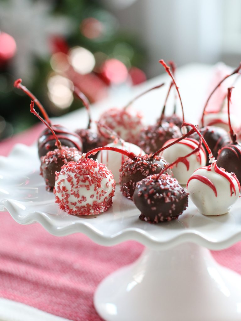 Christmas dipped cherries on a platter