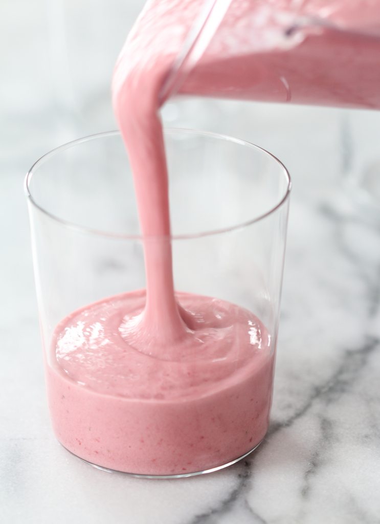 strawberry shortcake smoothie poured in glass