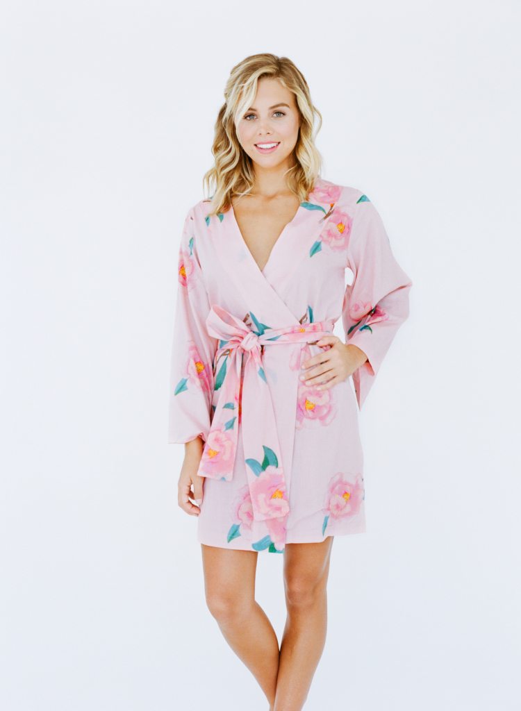 blonde woman in kimono robe pajamas from Plum Pretty Sugar
