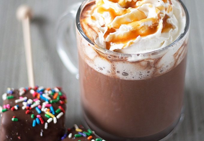 caramel hot chocolate and chocolate covered marshmallow pop thumb