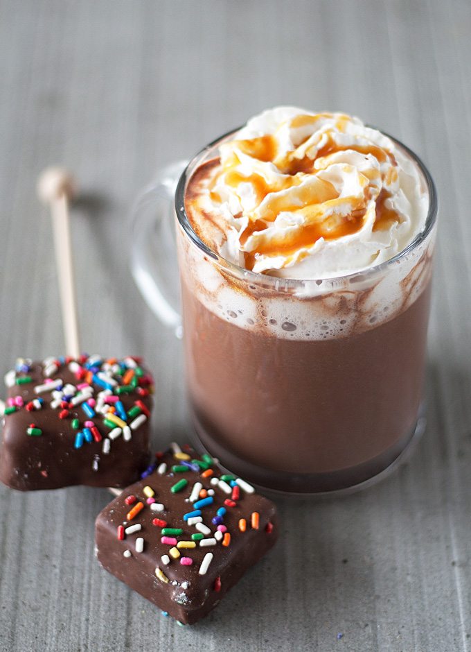 caramel hot chocolate and chocolate covered marshmallow pop