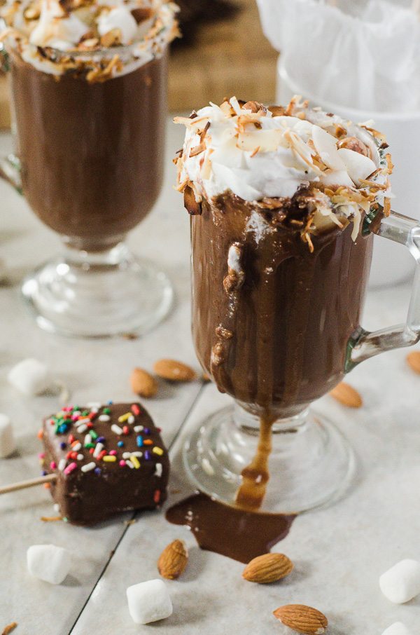 creamy toasted coconut almond hot cocoa chocolate covered marshmallow pops