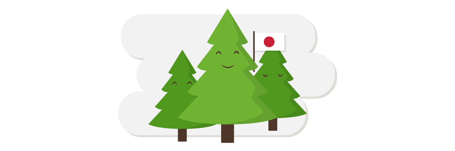 Smiling trees with a Japanese flag
