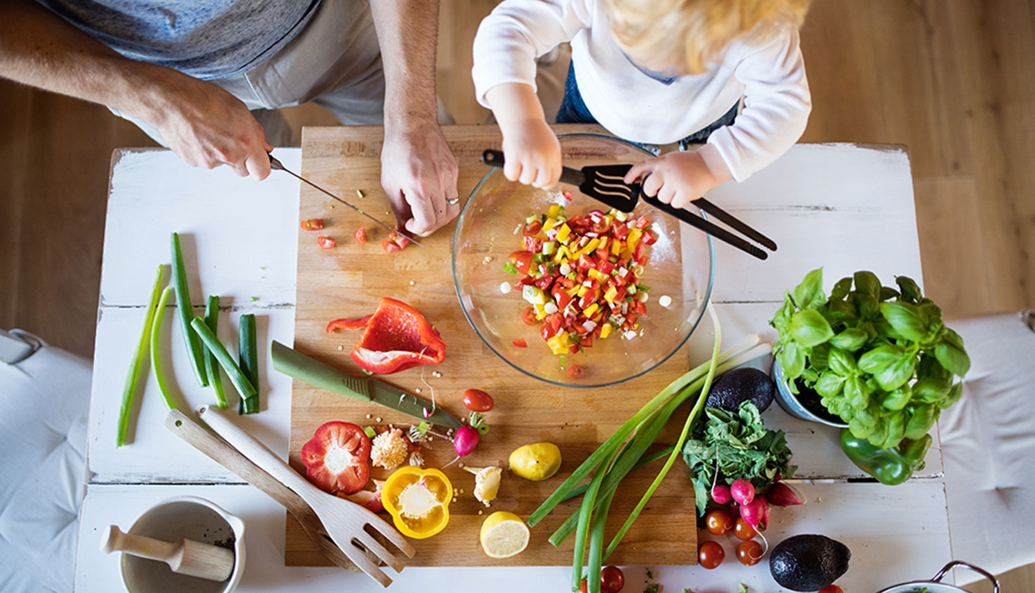 healthy foods in kitchen with toddler